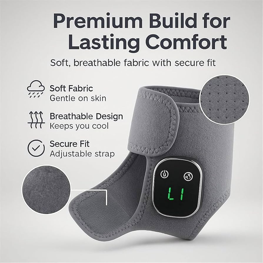 Person relaxing on a sofa using the EMSense foot massager while reading a book